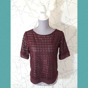 Banana Republic Maroon Mesh Checks Short Sleeve Top